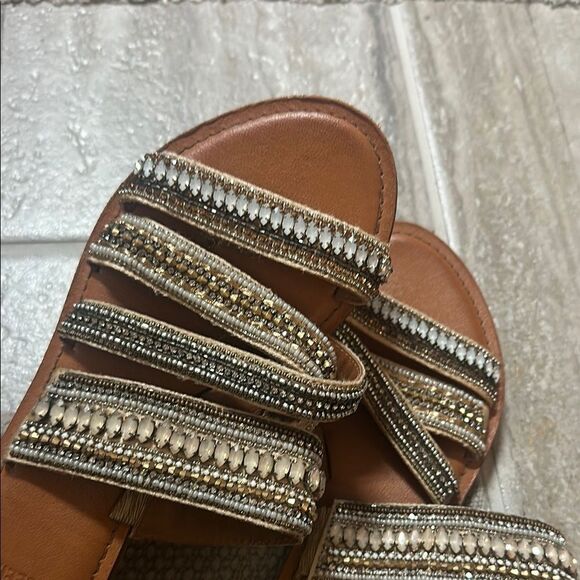 Tan and Gold Bohemian Sandals with Decorative Straps - Picture 1 of 6